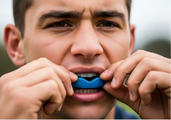 Patient inserting a custom dental mouthguard designed to protect teeth from grinding and sports injuries.