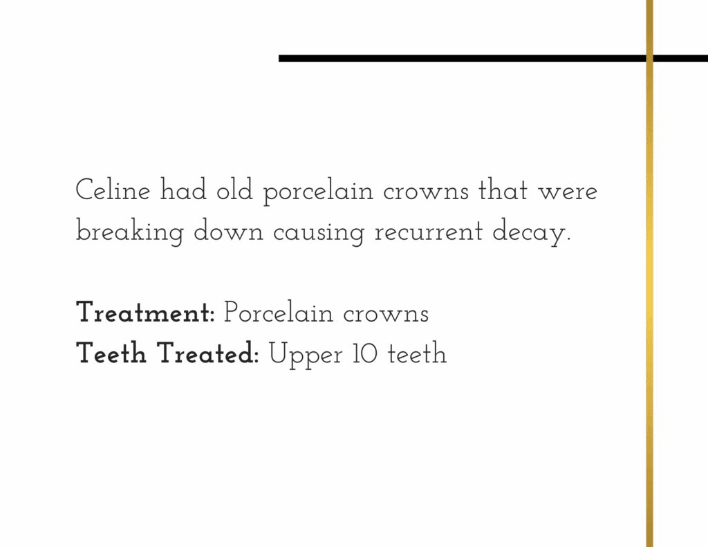 Porcelain crown treatment details for patient Celine