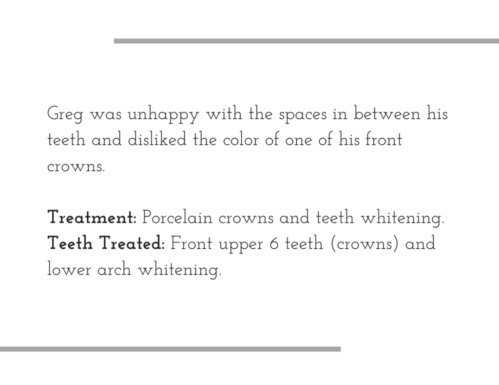 Porcelain crown treatment details for patient Greg