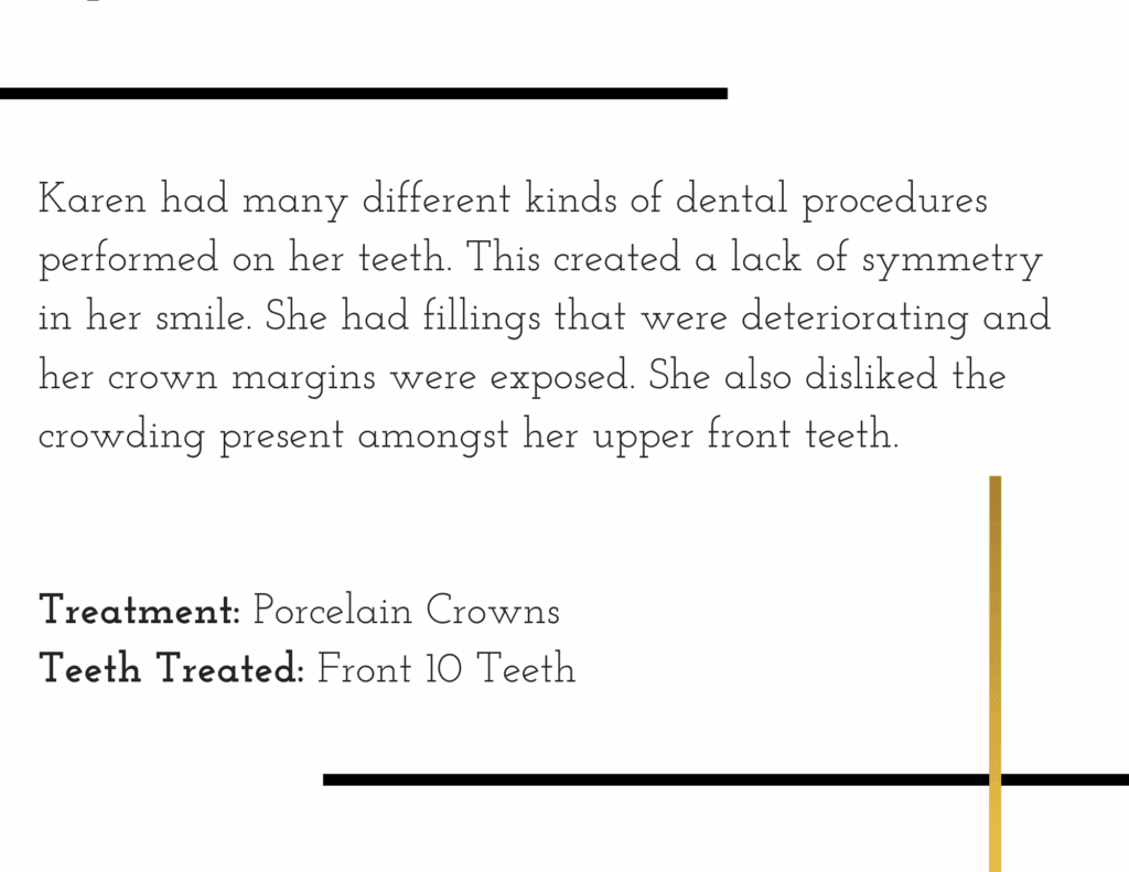 Porcelain crown treatment details for patient Karen