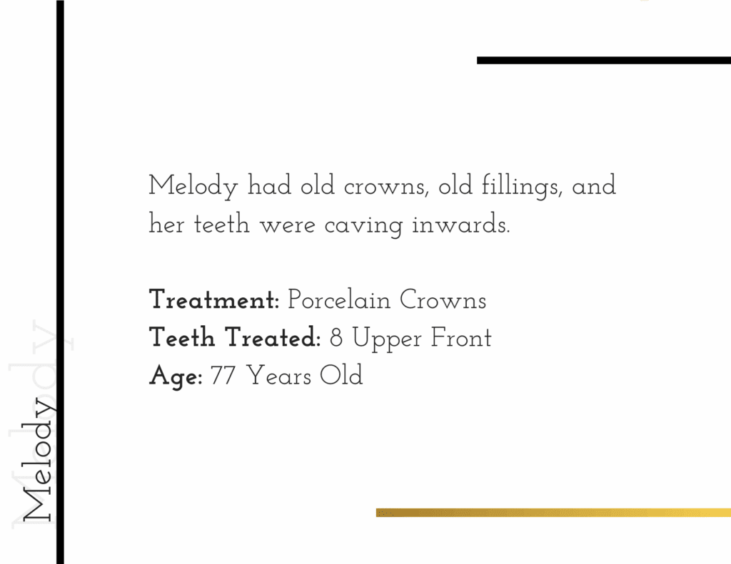Porcelain crown treatment details for patient Melody